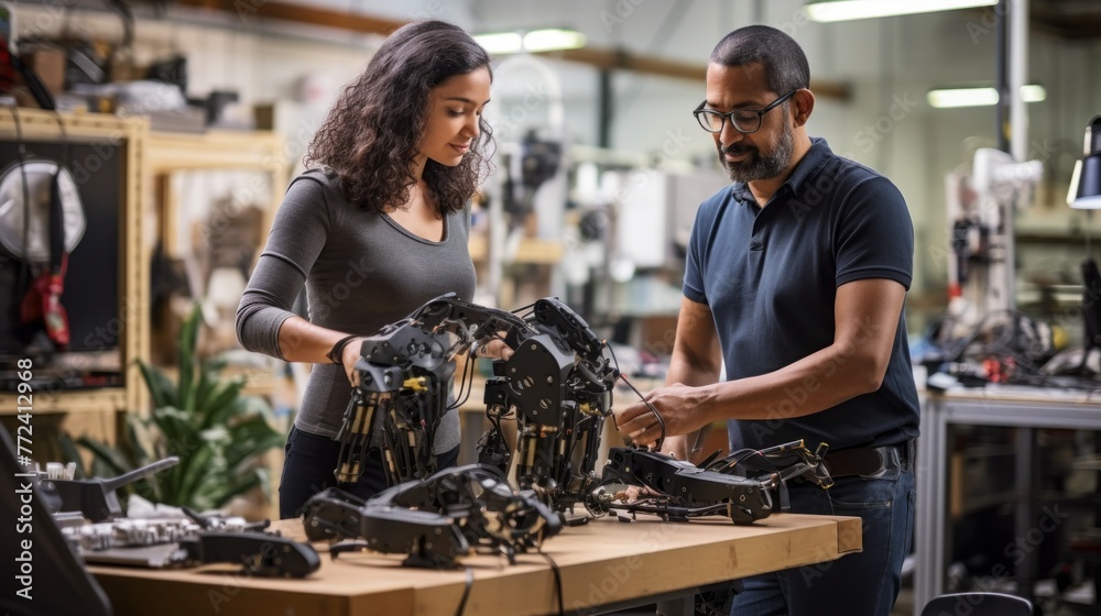 Aufkleber Young intelligent female and male Engineers, scientists are working on a prototype bionic exoskeleton Robot in the Robotics Laboratory.