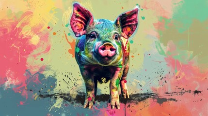  A vibrant depiction of a pig adorned with splattered colors on its visage and ears, set against a vivid backdrop - obrazy, fototapety, plakaty