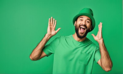 Fototapeta premium St Patricks Day costume, Photo of cool impressed man wear t-shirt leprechaun and beer enjoying beverage. isolated on green background. Studio light. Beer bar party banner