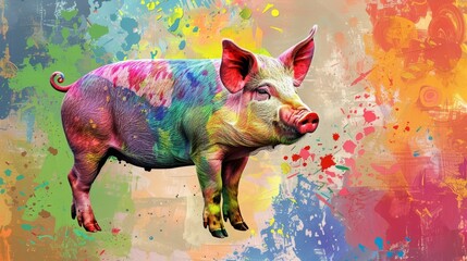  A pig with vibrant paint splatters on its body and neck against a colorful backdrop, painted with precision