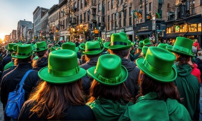 People in green hats celebrating in vibrant St Patricks Day parade. Concept St, Patrick's Day Parade, Celebrating with Green Hats, Vibrant Festivities, Joyful Gatherings, Community Celebration - Powered by Adobe