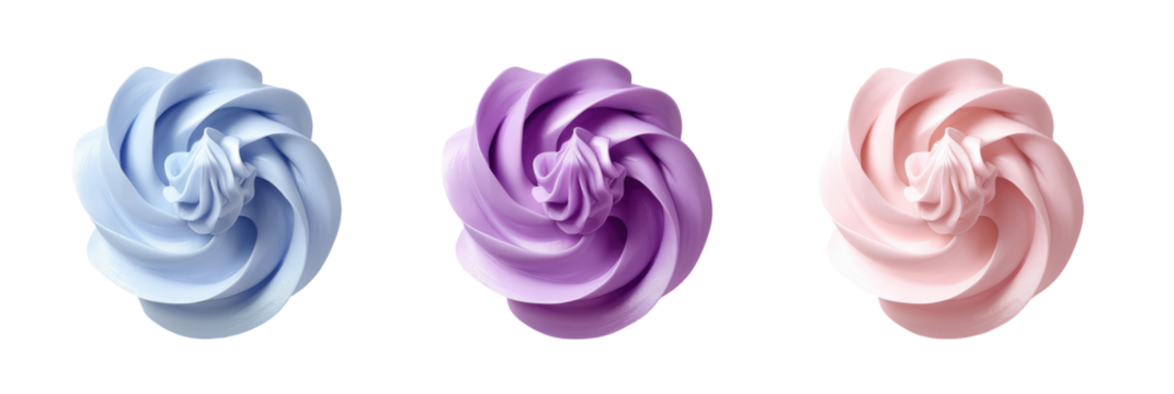 Sweet Whipped cream swirls 3d set isolated on transparent background, clipart, cutout, png. Sweet cream curls.