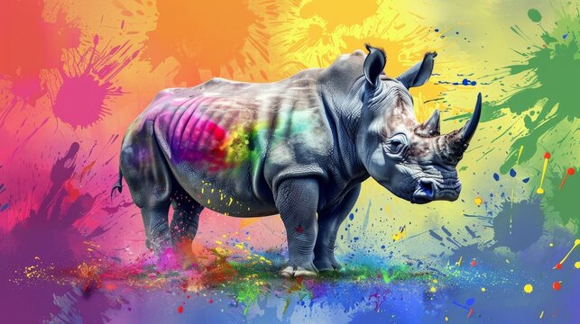  A rhino painted with various colors against a multicolored background