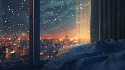 Artistic interpretation of a citydwellers dream to see a clear, starfilled sky from their window, despite the surrounding glow no dust - obrazy, fototapety, plakaty