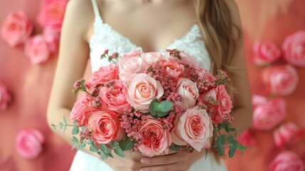  A close-up of a person holding a bouquet of flowers in front of a background of pink and white roses is optimized for maximum impact and emotional resonance The vibrant colors