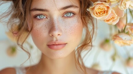  A woman with freckles on her face, flowers in her hair, and a freckled head - obrazy, fototapety, plakaty