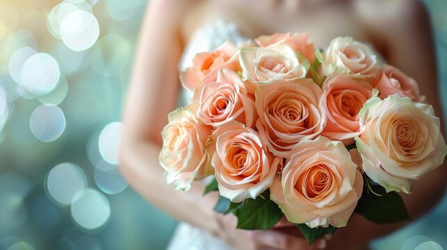  A close-up image of a bride with a bouquet containing peaches and white roses, set against a blurred background of soft lights