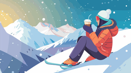 Woman having a break drinking coffee after skiing
