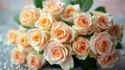  A bouquet of Peach-colored roses sits atop a Silver countertop, beside a green leafy plant