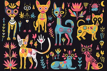 Seamless pattern with calavera sugar skull black cats , dogs in mexican style for holiday the Day of the Dead, Dia de Muertos