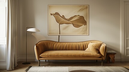  A couch in a living room with a lamp, and painting above a table