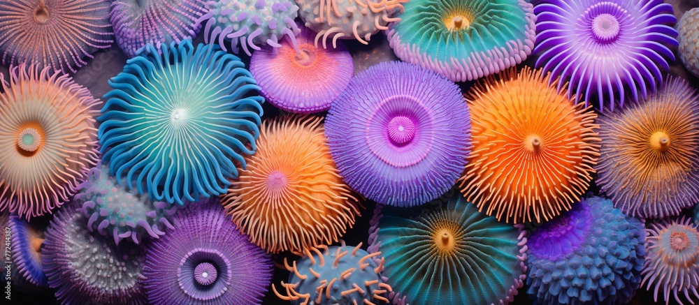 Sticker colorful sea anemones form a vibrant art display on the coral reef