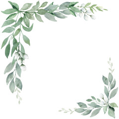 Frame with spring greenery, watercolor illustration with leaves on transparent background