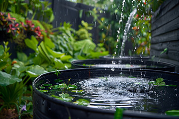 An image of a rainwater harvesting system, an innovative solution to water crisis and a sustainable way to reuse rainwater. - obrazy, fototapety, plakaty