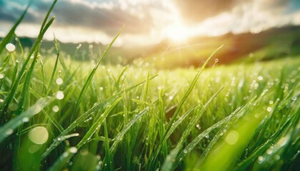 Lush lush green grass in a meadow on a spring morning, where the sun illuminates the green fields and drops of dew glisten on the grass
