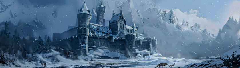 Enchanted Castle in a Snowy Mountainous Landscape