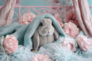 The Easter, curious bunny is wrapped in a soft powder blue pastel blanket, surrounded by a bunch of plush, stuffed animals and pillows in a cozy, cozy corner. - Powered by Adobe