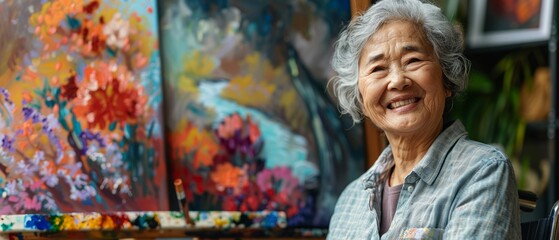 A smiling senior Asian woman enjoys painting on a colorful canvas, showcasing creativity and the joy of art in her golden years