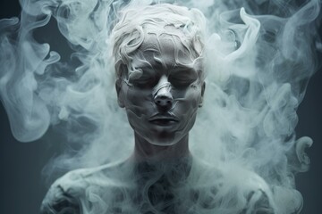 Haunting Smoke human ghostly face. Fashion person in dark fog smoke. Generate Ai