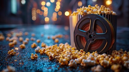 Concept of a movie theater with a vintage film reel, popcorn, and movie tickets - obrazy, fototapety, plakaty