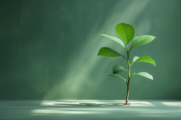 A lone, healthy green plant basking in a sliver of sunlight against a dark shadowy backdrop, symbolizing growth and resilience. Concept for organic and ecological farming. - obrazy, fototapety, plakaty