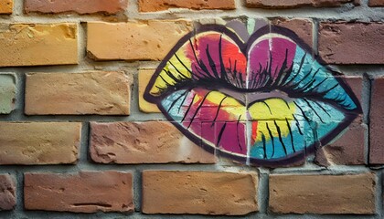  kiss Graffiti on a Brick Wall. Graffiti. City Modern Pop Art