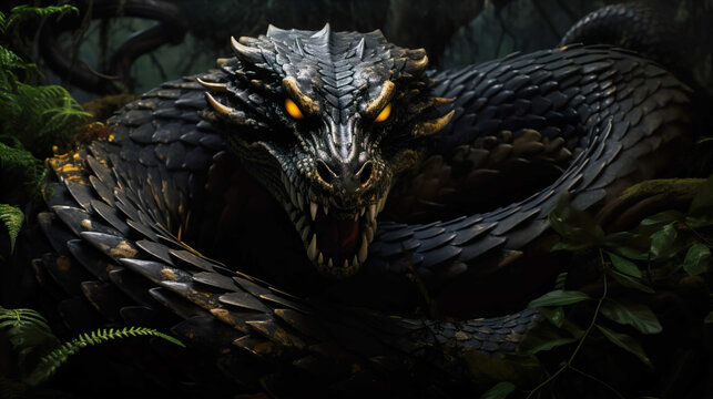 black giant dragon snake, horned , Generate AI