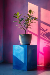 A tranquil scene with a potted plant casting soft shadows against pink walls with hints of blue. Neon colors.