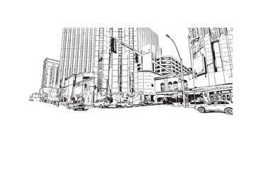 Print Building view with landmark of Reno is a city in U.S. state. Hand drawn sketch illustration in vector.