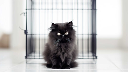 black Persian cat with thick and smooth fur, pure black and sweet sitting in a cage waiting for its owner to come home , Generate AI - obrazy, fototapety, plakaty
