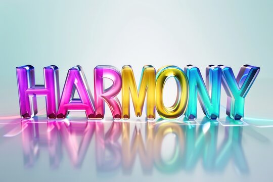 3D text "HARMONY" with a vibrant, reflective gradient going from cool to warm colors on a glossy surface, no people present.
