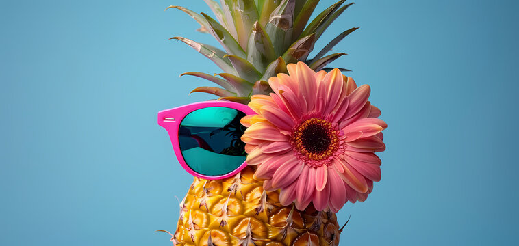 A quirky pineapple wearing pink sunglasses and adorned with a pink daisy, on a blue background