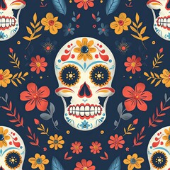 Day of The Dead colorful sugar skull with floral ornament and flower seamless pattern