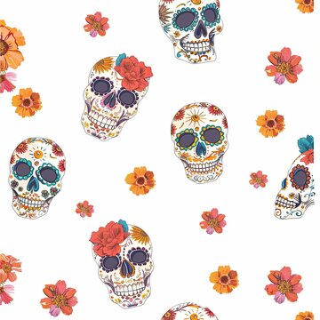 Day of The Dead colorful sugar skull with floral ornament and flower seamless pattern. on white background