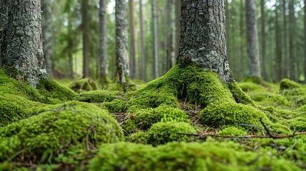 Green moss on the ground and trunks of trees in the forest