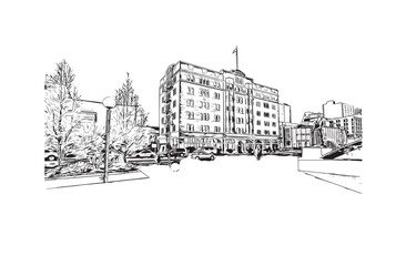 Print Building view with landmark of Reno is a city in U.S. state. Hand drawn sketch illustration in vector.