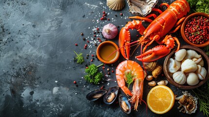 Various seafood displayed on table for delicious recipes, copy space - obrazy, fototapety, plakaty