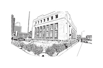 Print Building view with landmark of Reno is a city in U.S. state. Hand drawn sketch illustration in vector.
