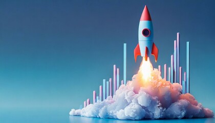 Rocket launch, growth business web banner. reactive rapid growth of economic indicator. Success is Startup. economy and financial growth. fast growth chart growing up - obrazy, fototapety, plakaty