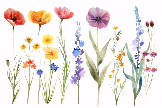 Various watercolor painting of summer flowers