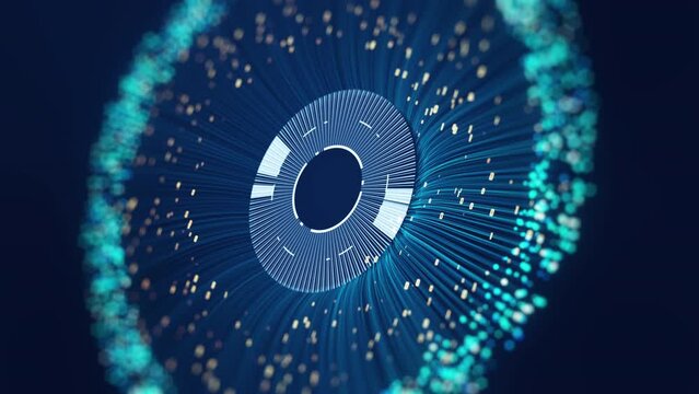 Artificial intelligence concept. Abstract futuristic digital technology eye in dark blue. Digital Biometric Security Screening of a Human Eye or Iris. 3d rendering