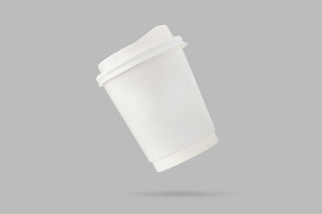 White paper coffee cup floated on gray background