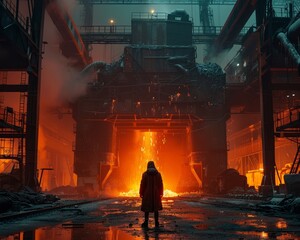 A lone person stands before a massive industrial furnace, surrounded by the fiery glow and industrial structures.