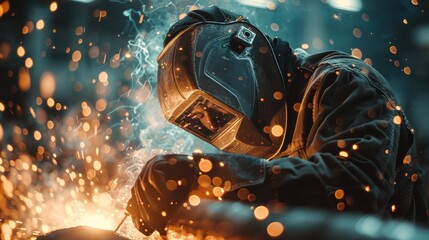A focused welder in protective gear is engaged in welding, surrounded by intense sparks and smoke.