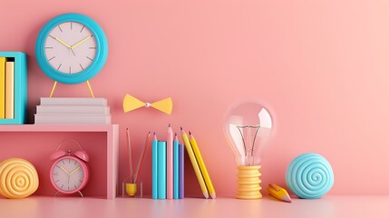 pencil stationery pastel float learning school kids cute bookshelf table lamp clock light bulb study children pink background