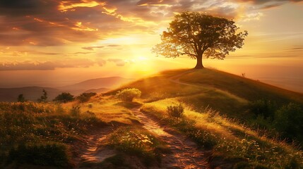 Idyllic rural landscape on a hill with a tree on a meadow at sunrise a path leads into the warm gold light