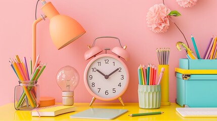 pencil stationery pastel float learning school kids cute bookshelf table lamp clock light bulb study children pink background © Emma