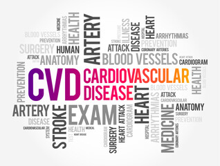 CVD Cardiovascular Disease - group of disorders of the heart and blood vessels, acronym word cloud text concept background