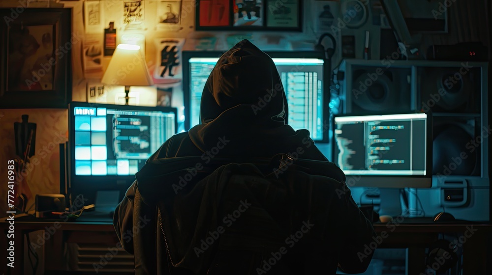 Poster hacker with a hoodie sits in a dark room, typing malicious code on a computer committing cybercrime