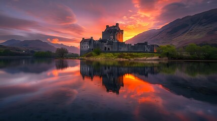 Kilchurn Castle reflections in Loch Awe at sunset with beautiful colors